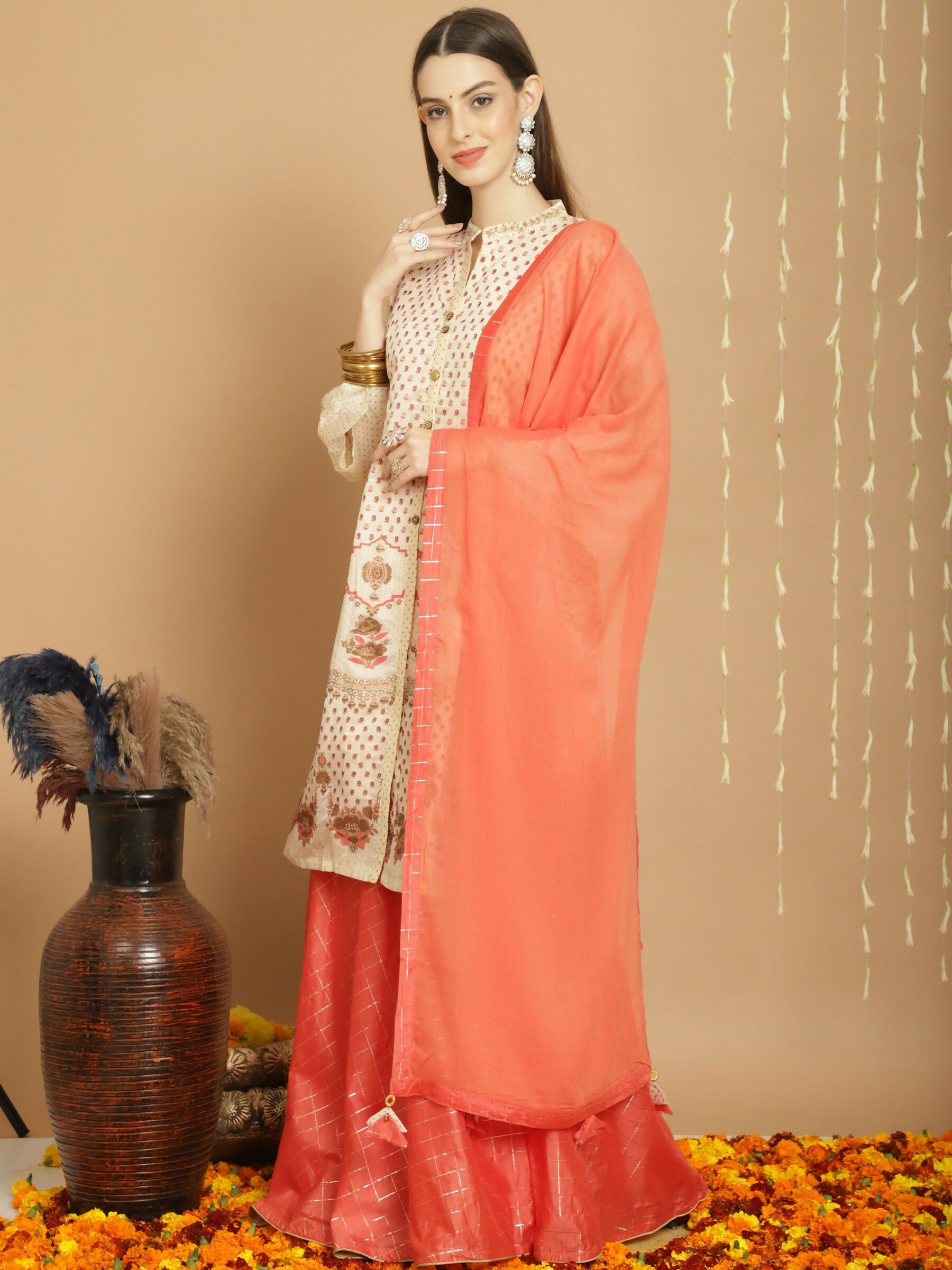 Jyoti Fashion Women's Cream Chanderi Silk Elegant Jardoshi Semi Kurta with Trouser & Dupatta | Grocsy