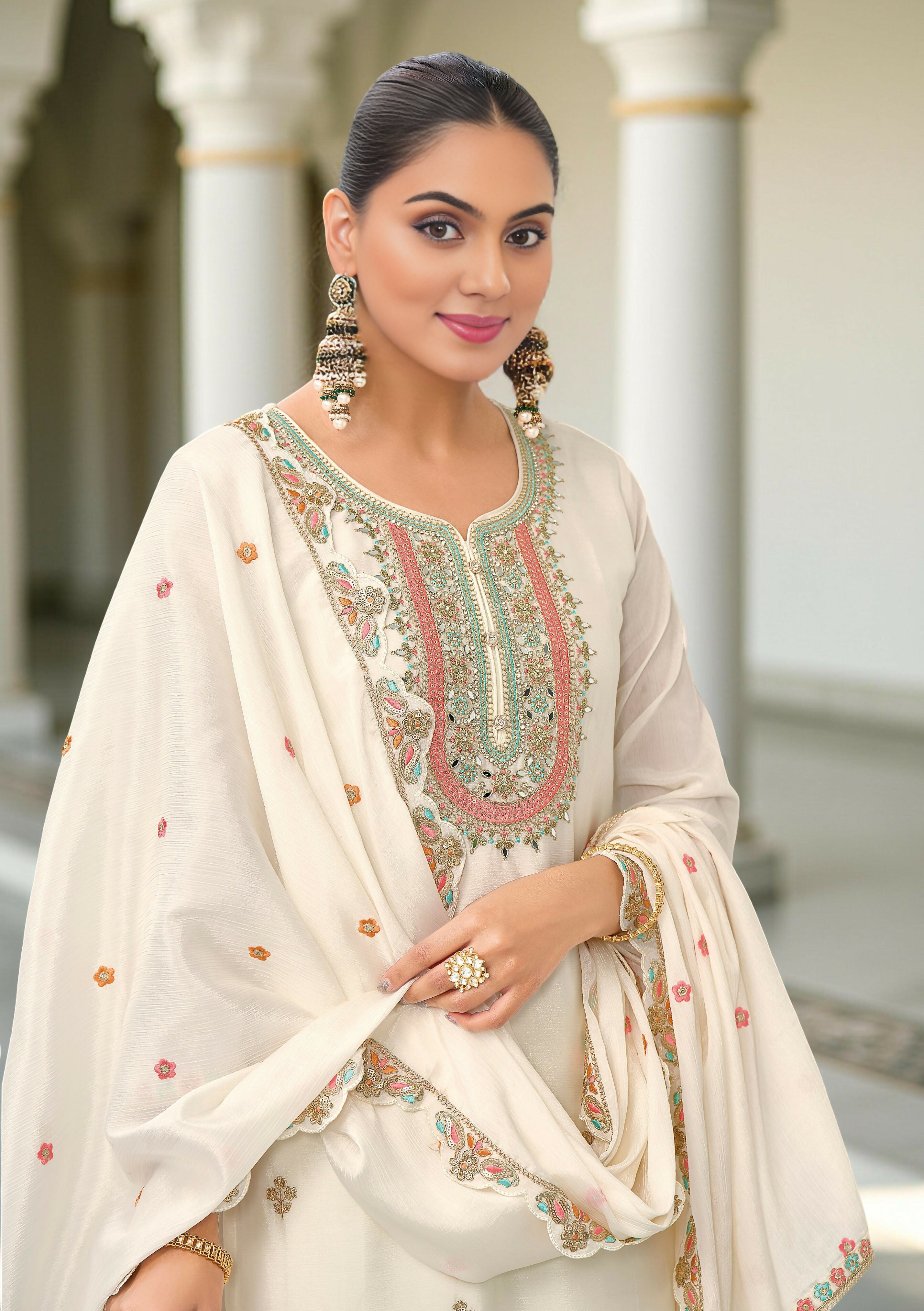 Ethnic Festive Wear White Primium Chinon Fabric Stitched Suit With Dupatta - Zeeya | Grocsy