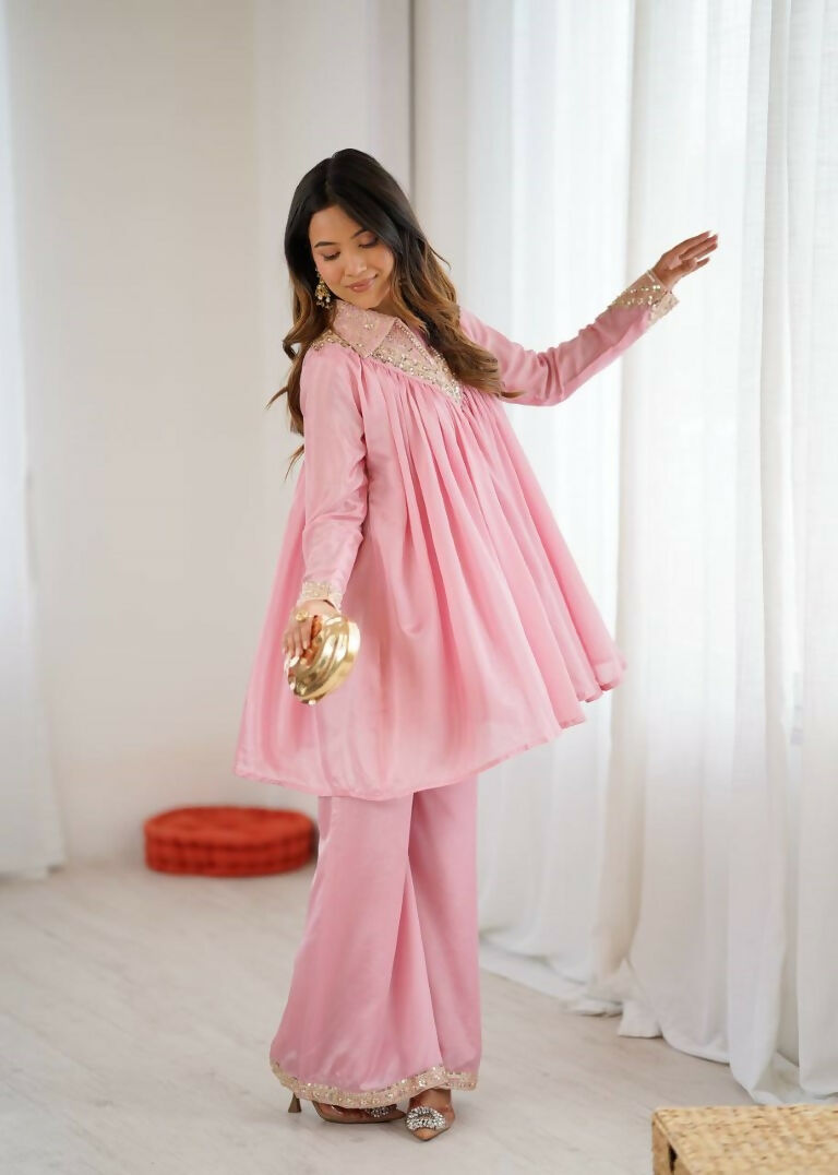 Teeya Creation Baby Pink Heavy Chinnon Silk Embroidery Work Plazo pair | Grocsy