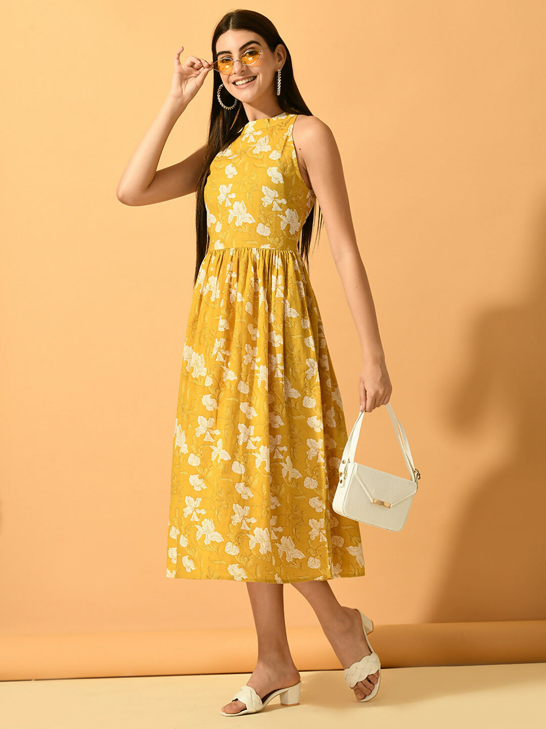 Myshka Women's Yellow Fit and Flare Party Dress | Grocsy