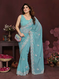 PR Fashion Turquoise Georgette Embroidery Work With Embroidery Work Blouse Saree | Grocsy