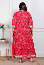 Miravan Plus Size Red Floral Print Embroidered Cotton Straight Kurta With Palazzo & Dupatta | Grocsy