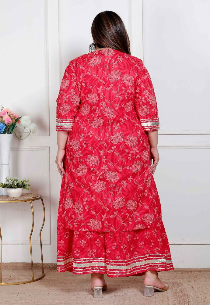 Miravan Plus Size Red Floral Print Embroidered Cotton Straight Kurta With Palazzo & Dupatta | Grocsy