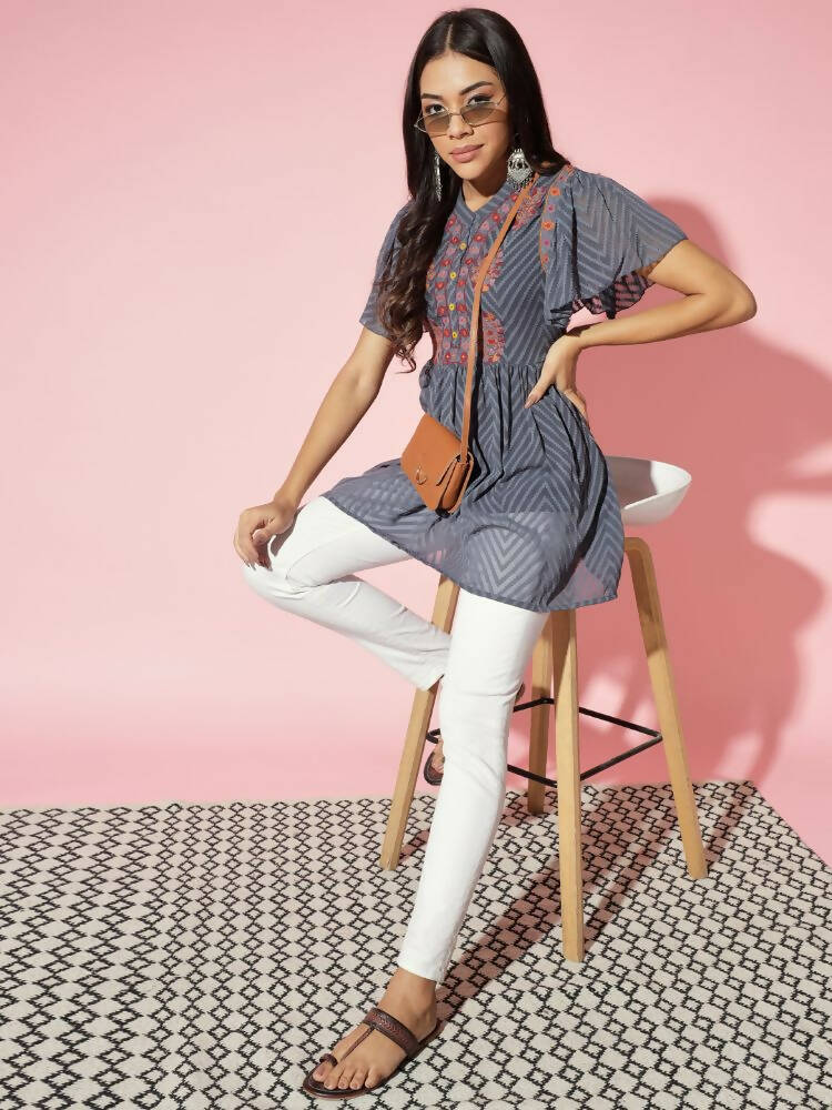 Myshka Women Grey Solid V-Neck Flared Sleeves Synthetic Georgette Top | Grocsy