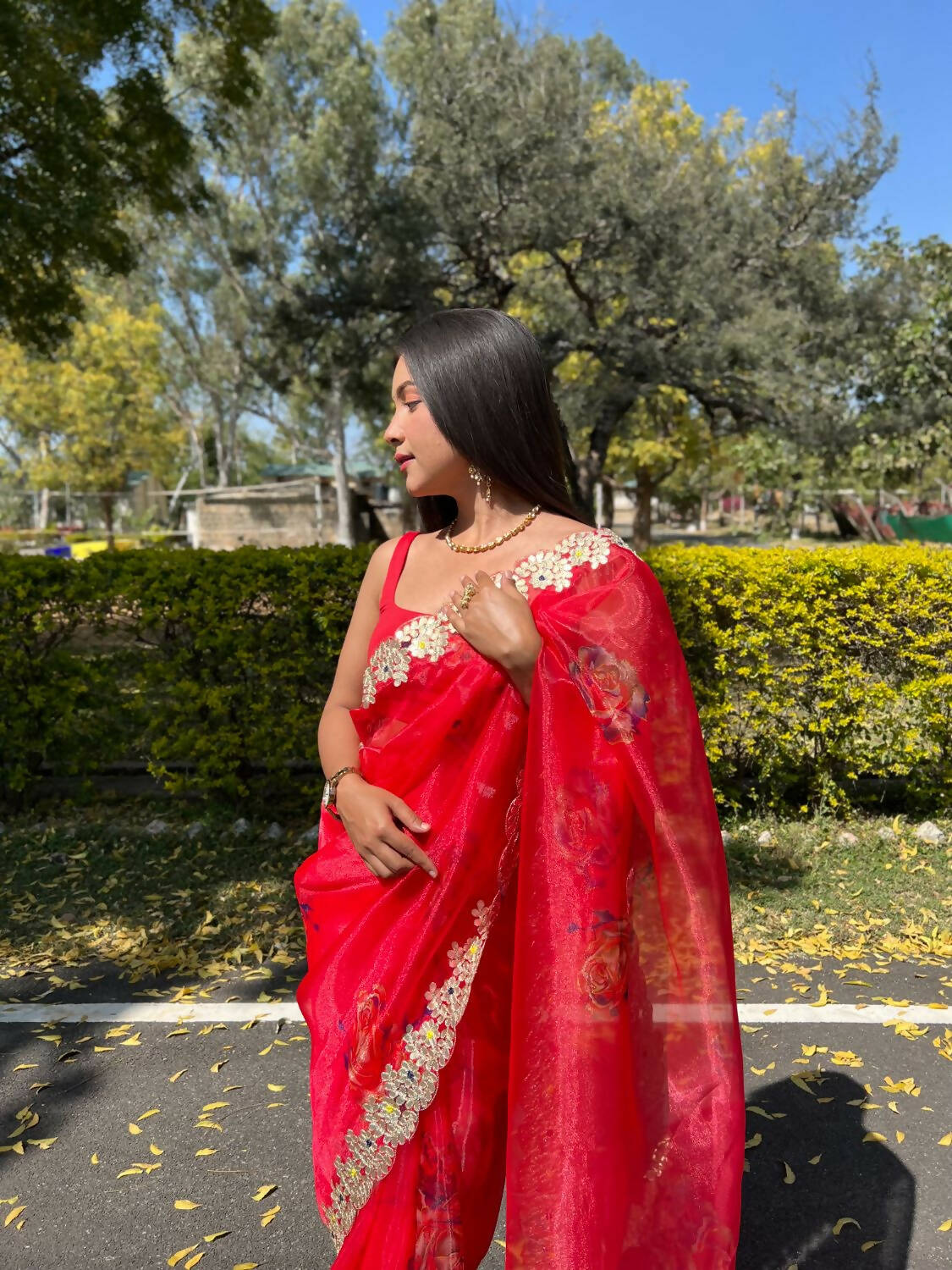 Vamsee Red Organza Saree | Grocsy