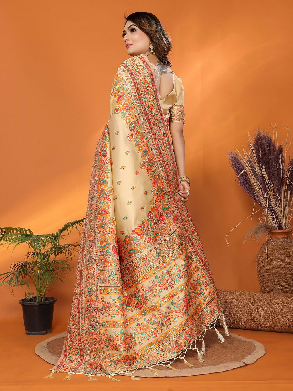 Joban Fashion Beige Meena Weaves Pashmina Sarees | Grocsy