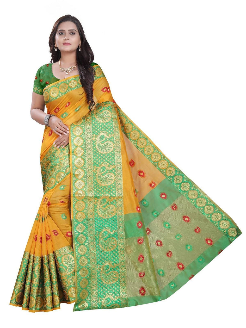 Vamika Banarasi Cotton Silk Yellow Weaving Saree | Grocsy