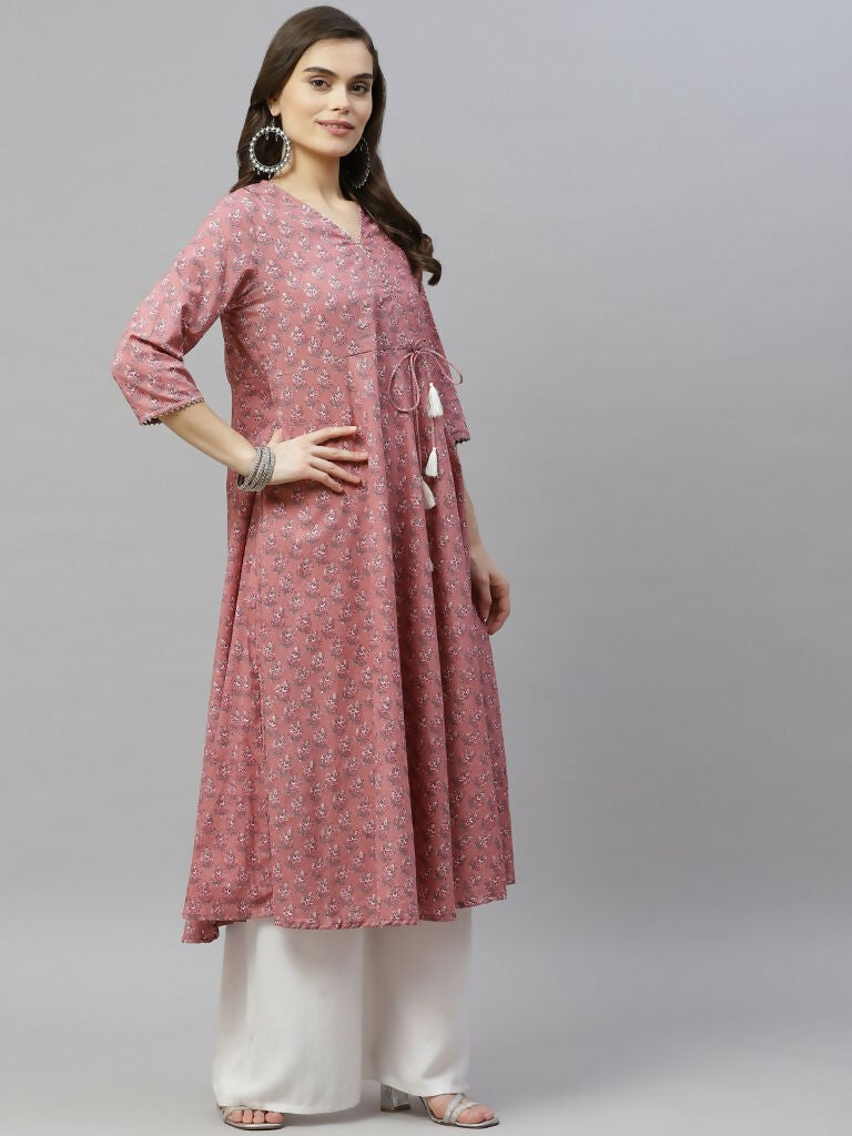 Miravan Women's Cotton Floral Print Anarkali Kurta With Dupatta | Grocsy