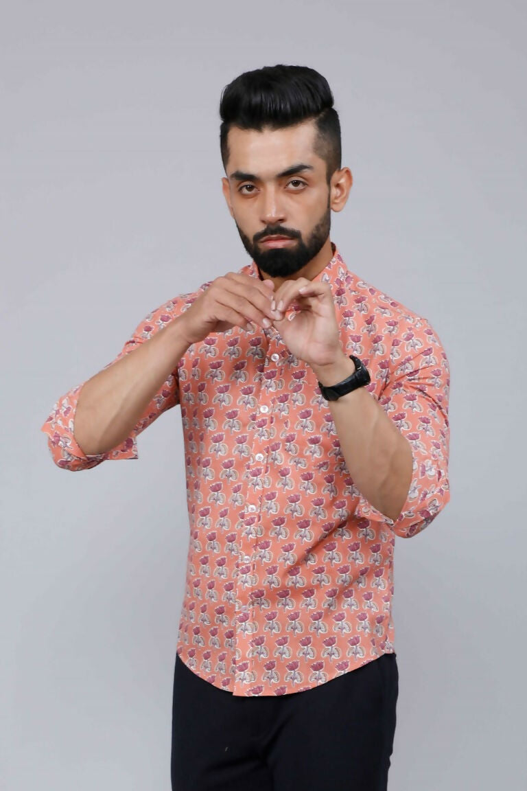 Miravan Men's Peach Spread Collar Floral Print Casual Shirt | Grocsy
