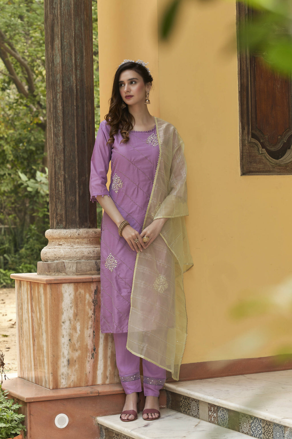 Lavender Chinon Embroidered Kurta and Bottom with Dupatta - Akashara | Grocsy