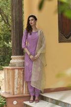 Lavender Chinon Embroidered Kurta and Bottom with Dupatta - Akashara | Grocsy