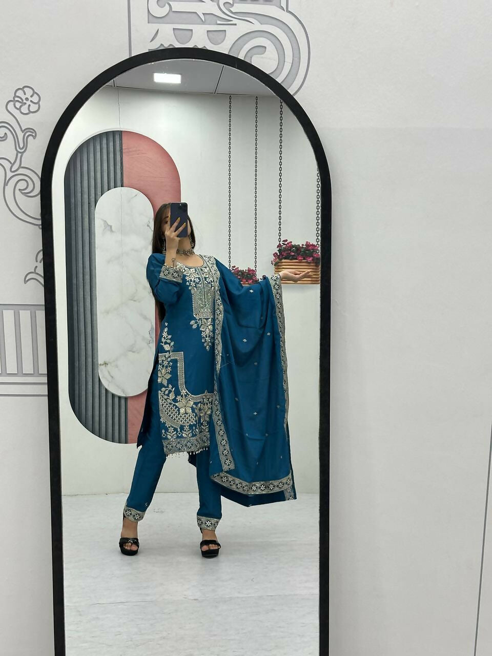Teeya Creation Womens New Wedding Wear Heavy Embroidery Thread Work Teal Kurta Set | Grocsy