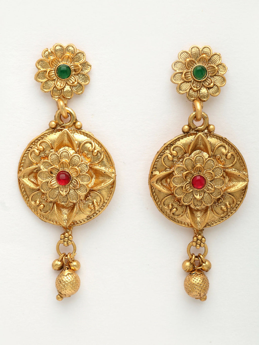 NVR Women's Gold-Polished Pink & Green Stone-Studded Peacock Design Temple Jewellery Set | Grocsy