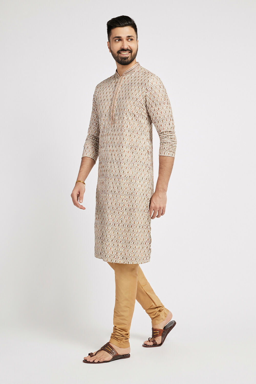 Ethnic India Beige Men's Kurta Embellished Viscose Rayon | Grocsy