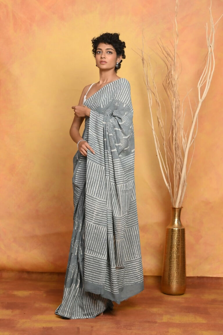 Very Much Indian Handblock Printed Cotton Saree With Natural Dyes - Grey | Grocsy