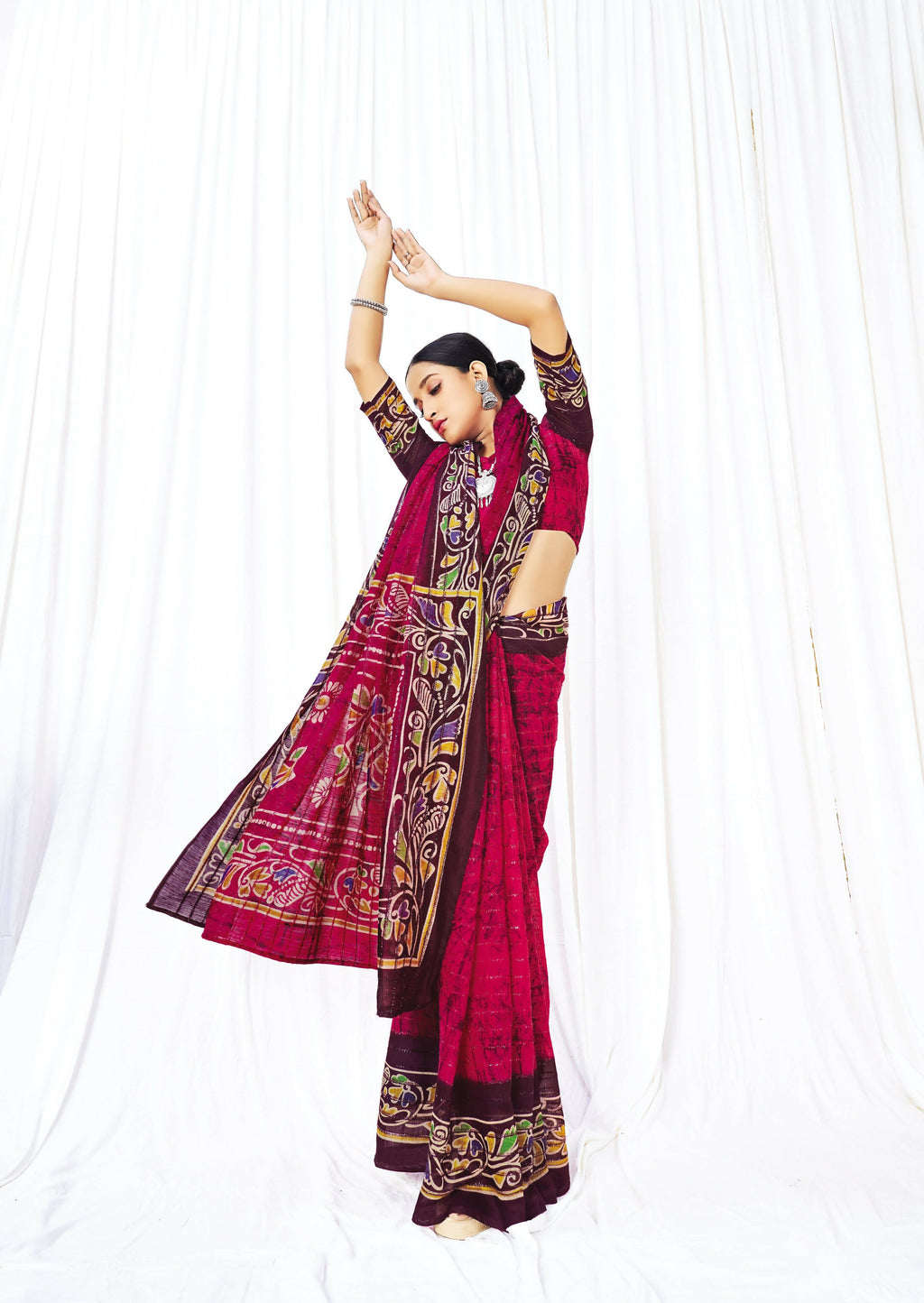 Red Chanderi Cotton Floral Printed Saree With Unstitched Blouse Piece - Kathika | Grocsy