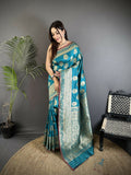 Joban Fashion Teal Ethnic Floral Motifs Soft Lichi Silk Banarasi Saree | Grocsy