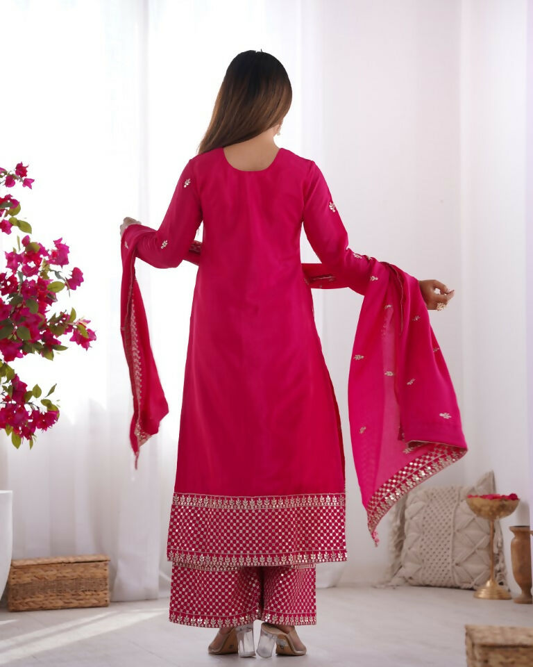 Teeya Creation Pink Color Pure Chinnon Silk Embroidery Work Functional Wear Salwar Suit | Grocsy
