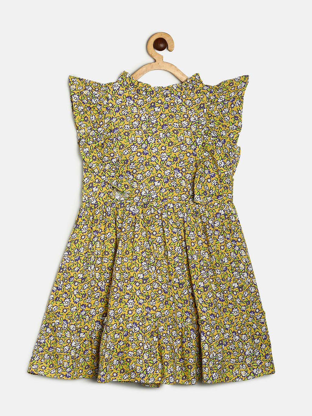 Manet Girls Cotton Frill Sleeve Frock Flower Print - Mustard Yellow | Grocsy