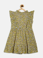 Manet Girls Cotton Frill Sleeve Frock Flower Print - Mustard Yellow | Grocsy