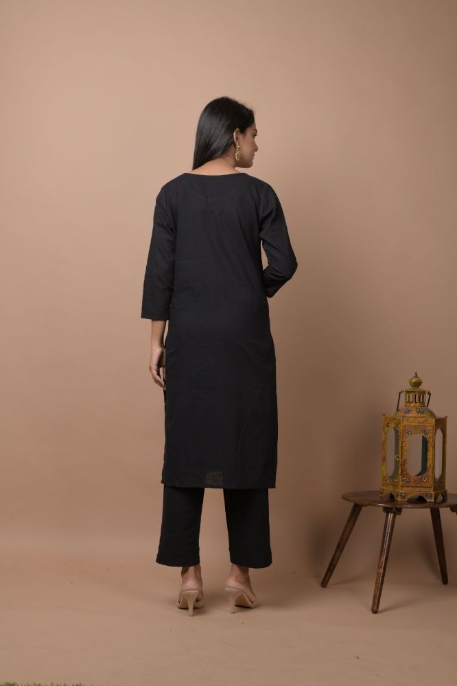Kaajh Women's Black Solid Sequins Embellished Kurta Pant Set | Grocsy