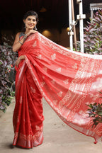 Very Much Indian Organic Linen With Handblock Printing Saree - Red | Grocsy