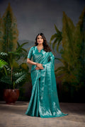 Vastranavya Firozi Kanjivaram Zari Weaving Work Saree with Unstitched Blouse | Grocsy