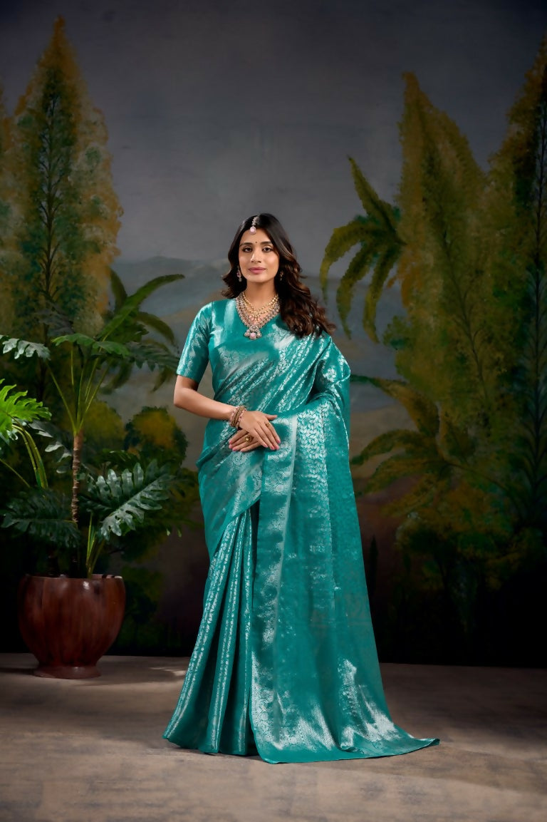 Vastranavya Firozi Kanjivaram Zari Weaving Work Saree with Unstitched Blouse | Grocsy