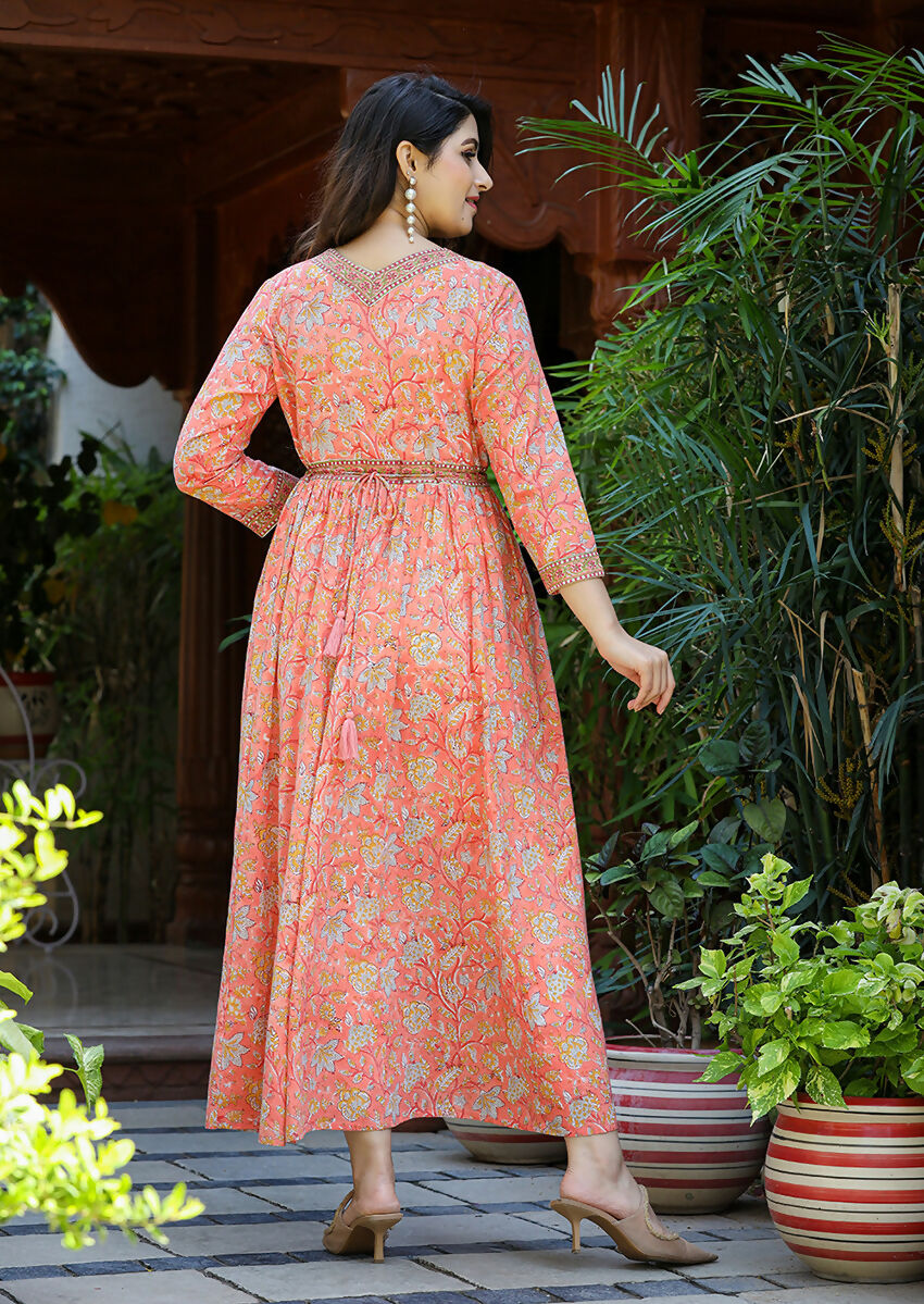 Kaajh Women's Light Orange Floral Handblock Printed Cotton Dress | Grocsy