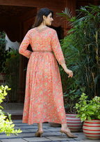 Kaajh Women's Light Orange Floral Handblock Printed Cotton Dress | Grocsy
