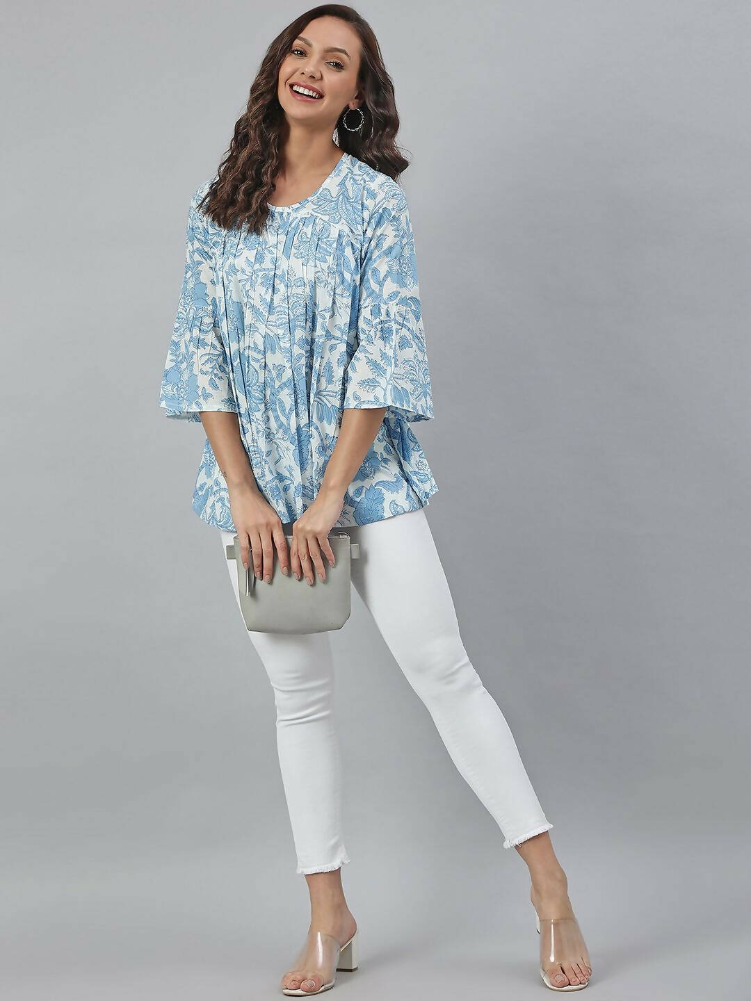 Janasya Women's White Cotton Floral Print Tiered Top | Grocsy