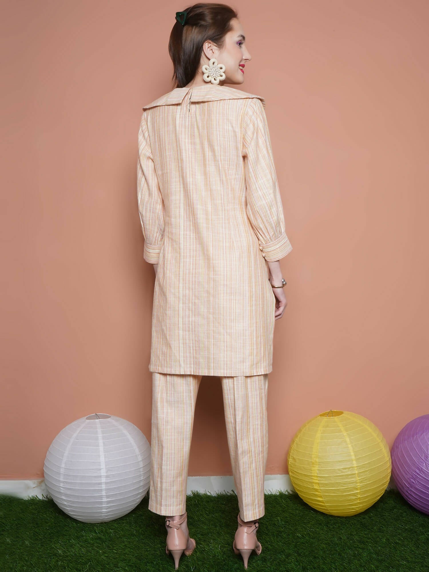 Women Republic Beige Striped Kurta Set | Grocsy