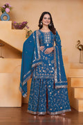Teeya Creation Blue Color Faux Georgette Embroidery Work Wedding Wear Palazzo Set | Grocsy