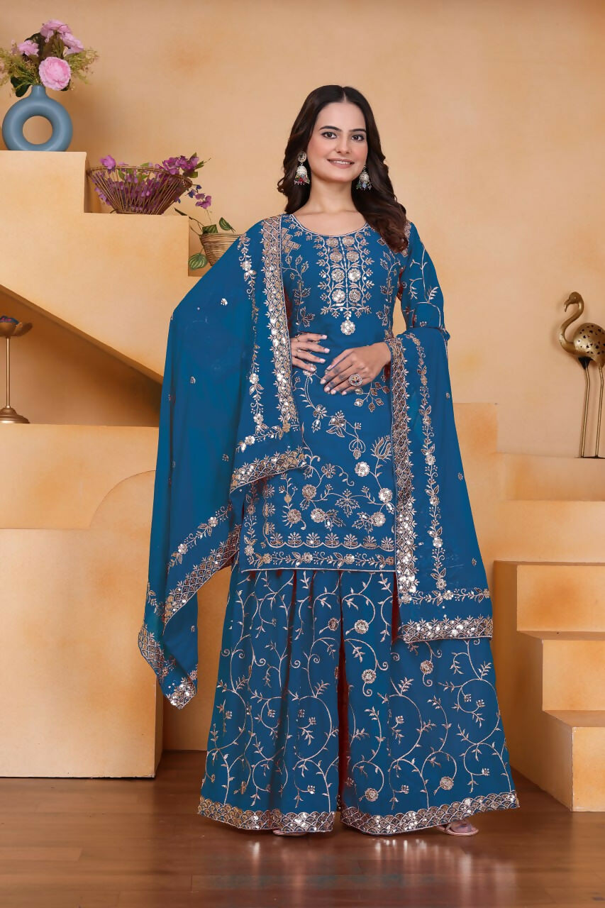 Teeya Creation Blue Color Faux Georgette Embroidery Work Wedding Wear Palazzo Set | Grocsy