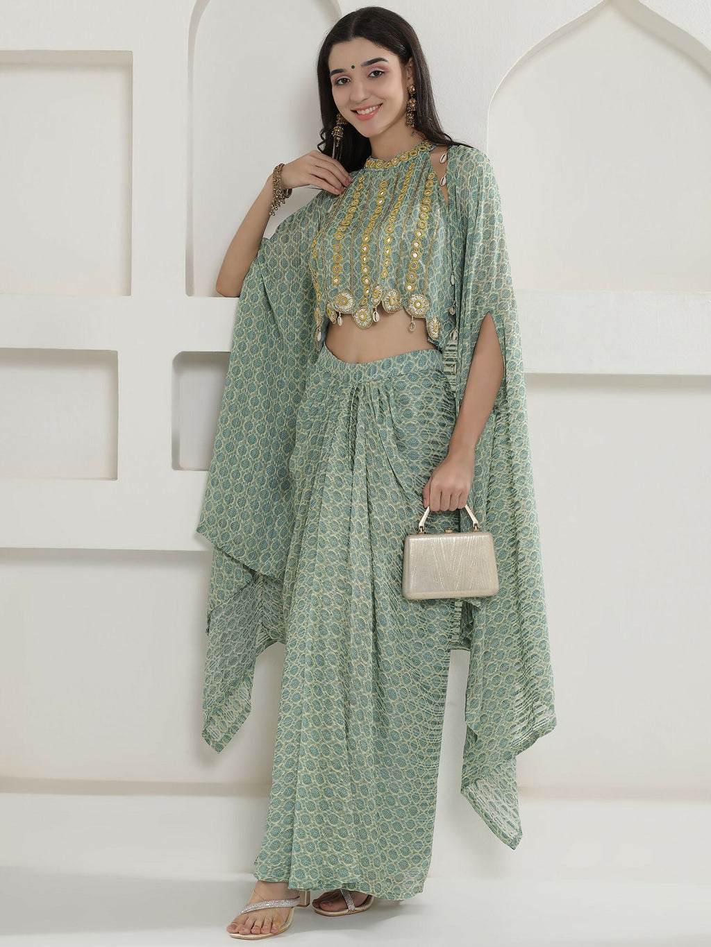 Joban Fashion Green Georgette Cape Inner And Shirt Set | Grocsy