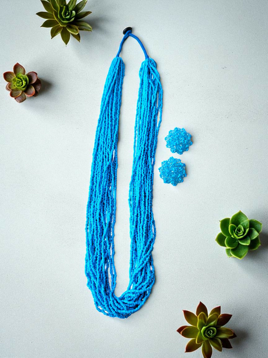 Inhanns Rangsaaz 20-Layer Luxe Long Beaded Necklace (With Optional Statement Earrings) - Sky Blue With Earring | Grocsy