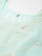 Ahalyaa Women Floral Embroidered Regular Kurta with Palazzos - Blue Color | Grocsy