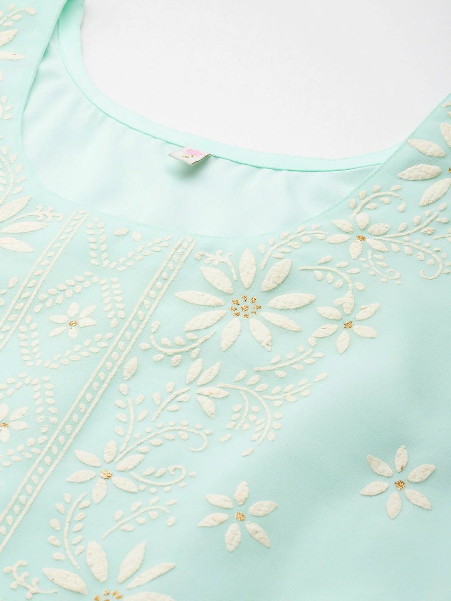 Ahalyaa Women Floral Embroidered Regular Kurta with Palazzos - Blue Color | Grocsy