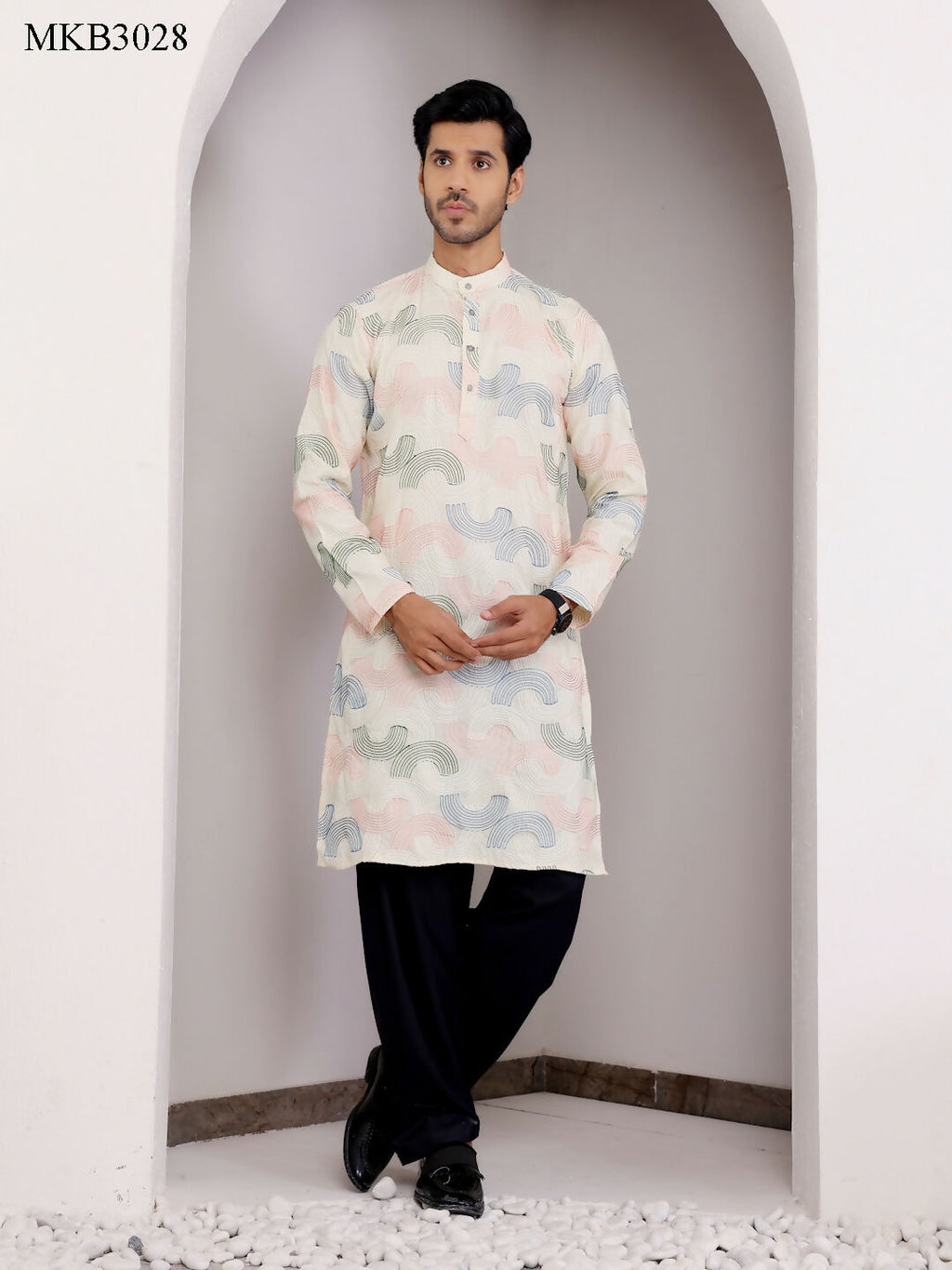 Cream Linen Designer Embroidery Work Men's Rajwadi Kurta Set - Mahotsav | Grocsy