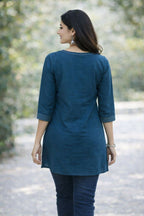 Teeya Creation Womens New Latest Cotton Blue Floral Embroidered Short Kurti | Grocsy
