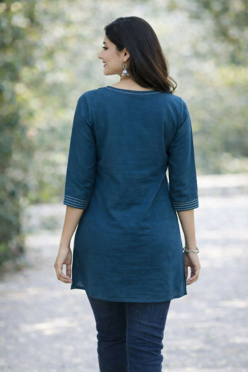 Teeya Creation Womens New Latest Cotton Blue Floral Embroidered Short Kurti | Grocsy