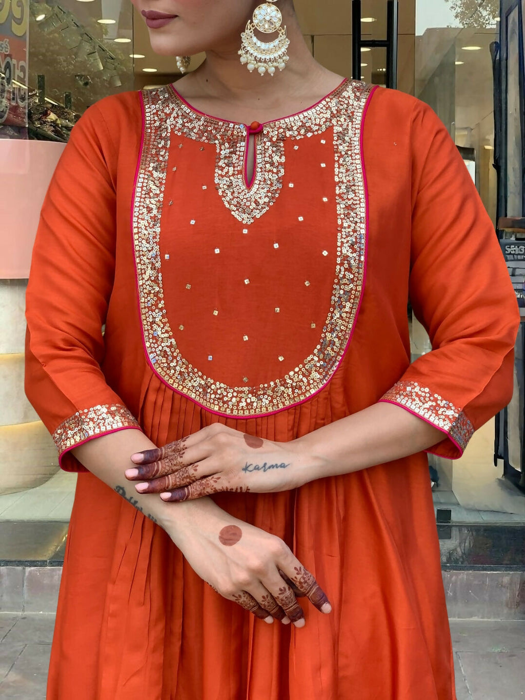 The52 Rust Women's Gorgeous Embroidered Work Chanderi Fabric Flared Kurta Pant and Dupatta Set | Grocsy