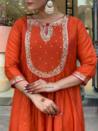 The52 Rust Women's Gorgeous Embroidered Work Chanderi Fabric Flared Kurta Pant and Dupatta Set | Grocsy