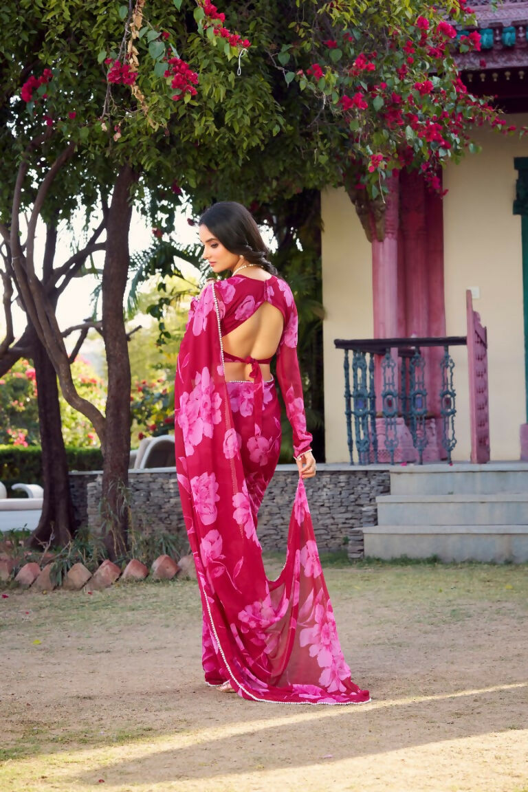 Vastranavya Pink Chiffon Floral Printed & Pearl Lace Border Saree with Unstitched Blouse | Grocsy