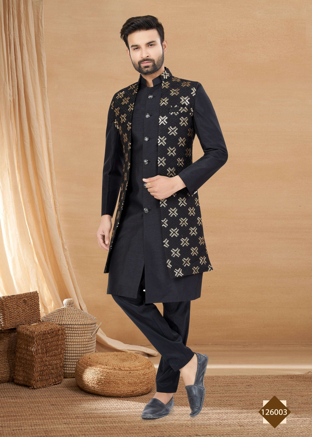Joban Fashion Men's Black Heavy Art Silk Plain Indowestern | Grocsy