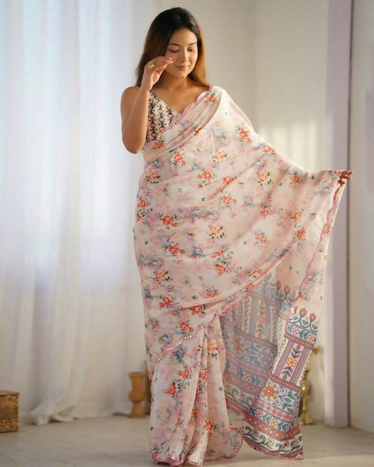 Cream Chinon Designer Digital Printed & Mirror Cut Work Saree - Kriti | Grocsy