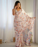 Cream Chinon Designer Digital Printed & Mirror Cut Work Saree - Kriti | Grocsy