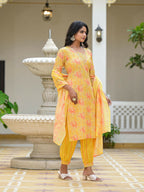 Juniper Women's Yellow Ethnic Motif Printed Cotton Kurta Pant With Dupatta Set With Sequins & Lace | Grocsy