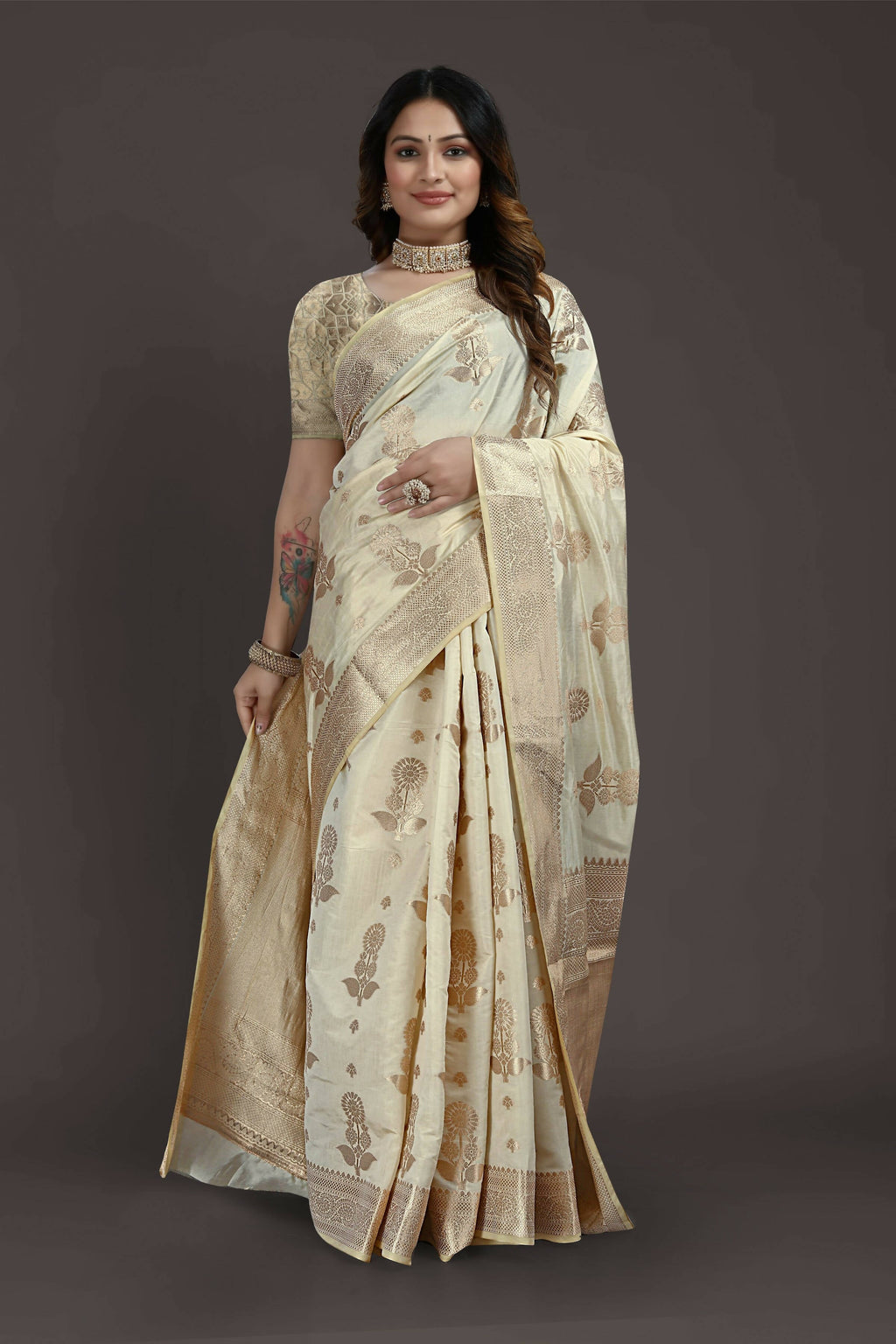 Off White Pure Raw Silk Zari Woven Saree with Unstitched Blouse Piece - Alisha | Grocsy