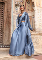 Sky Blue Tom Silk Plain Ready To Wear Saree With Stitched Blouse - Satiksha | Grocsy
